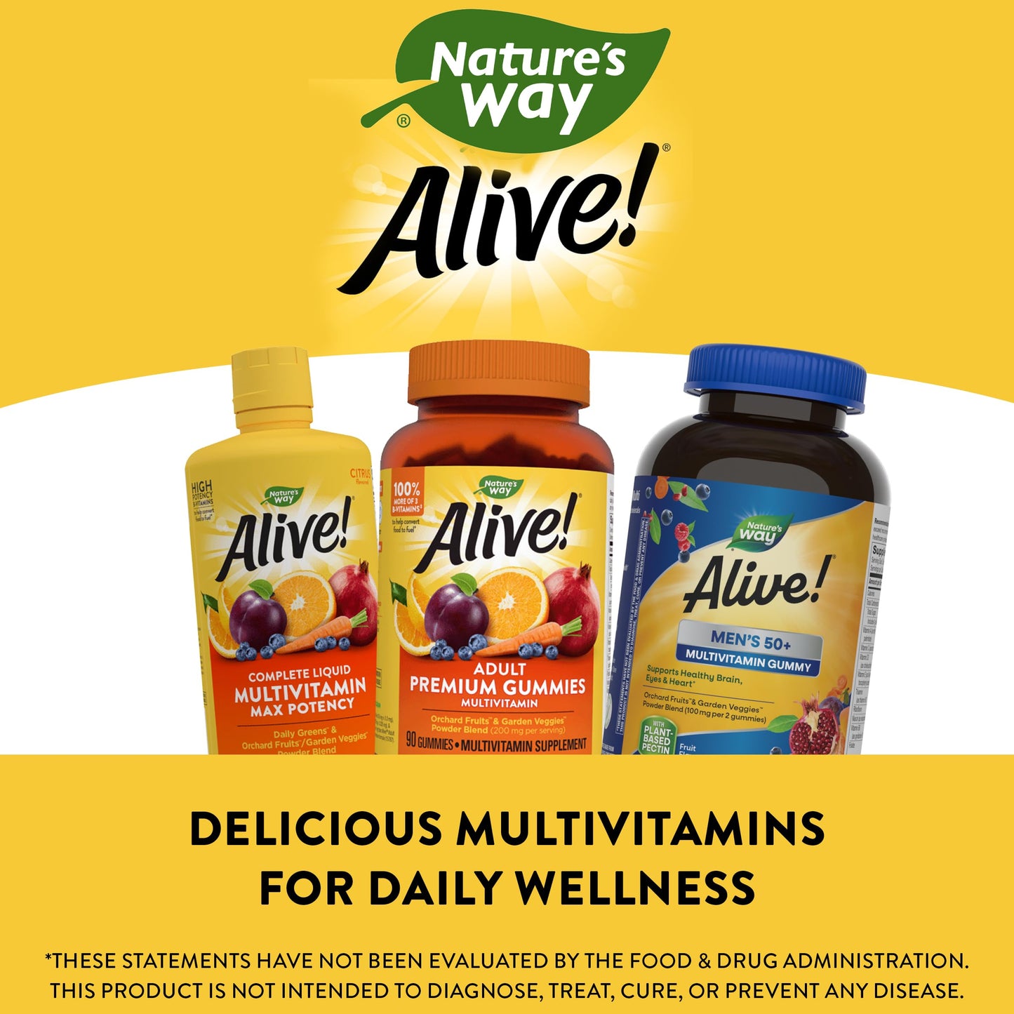 Nature's Way Alive! Men’s 50+ Daily Gummy Multivitamins, Supports Healthy Brain, Eyes, Heart*, B-Vitamins, Gluten-Free, Vegetarian, Fruit Flavored, 60 Gummies (Packaging May Vary) - Nirvana Guru