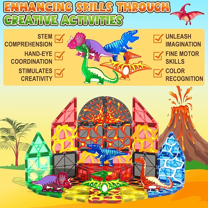 Dinosaur Toys Magnetic Tiles Lava Dinosaur World Set - Magnetic Blocks Building for Kids 3-5 5-7 Girls Boys Toy Age 4-6 6-8, Classroom Must Haves Toddler Sensory for 3+ Year Old Kids Toys Nirvana Guru