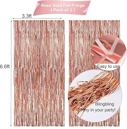 Rose Gold Birthday Party Decorations, Happy Birthday Banner, Rose Gold Fringe Curtain, Heart Star Foil Confetti Balloons, Hanging Swirls for Women Girls Birthdays Princess Party Nirvana Guru