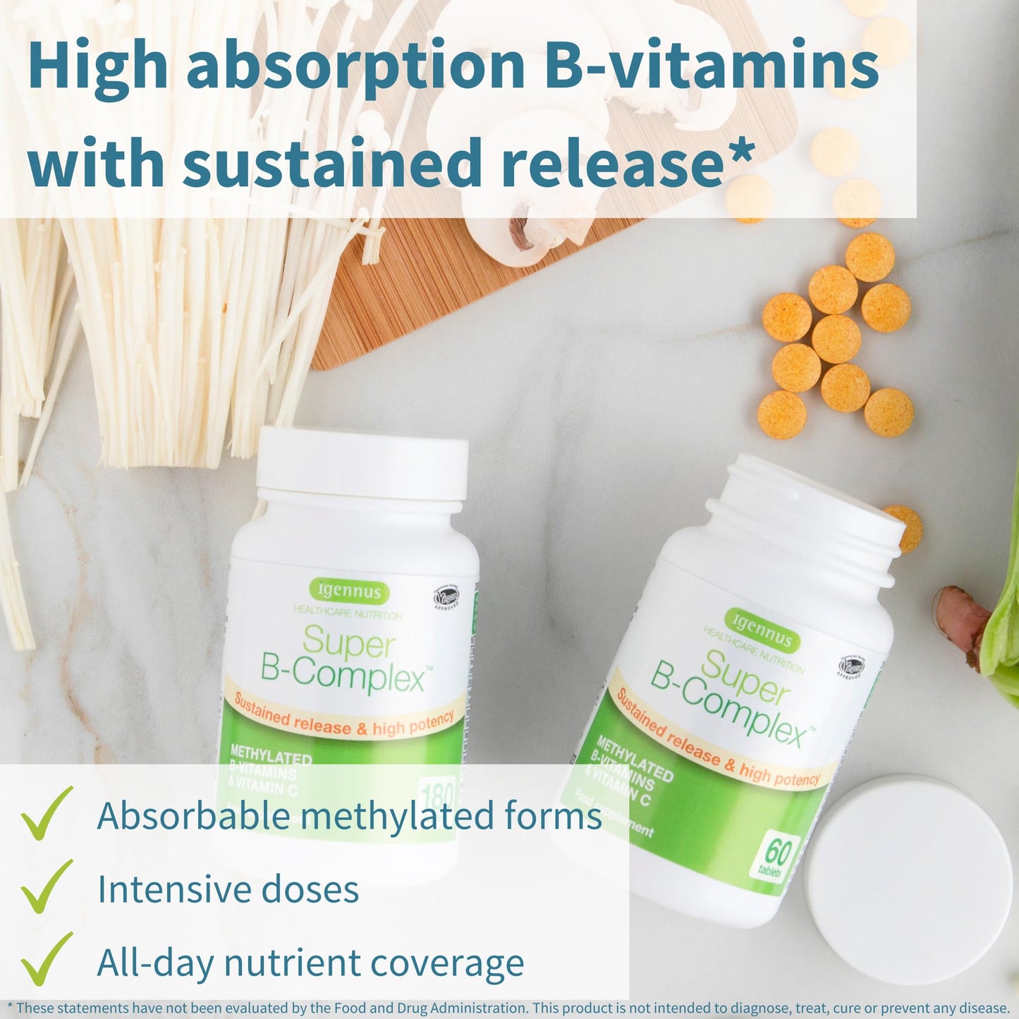 Igennus Super B-Complex Methylated B-Vitamins, Sustained Release, Clean Label, High Strength, with Methylfolate & B12 Methylcobalamin, Vegan, Lab Verified, 60 Small Tablets Nirvana Guru
