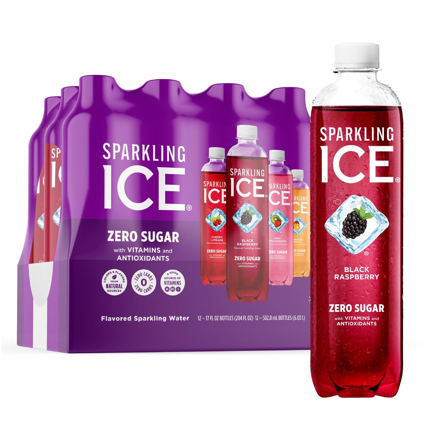 Sparkling Ice Purple Variety Pack, Flavored Water, Zero Sugar, with Vitamins and Antioxidants, 17 fl oz, 12 count (Black Raspberry, Cherry Limeade, Orange Mango, Kiwi Strawberry) - Nirvana Guru