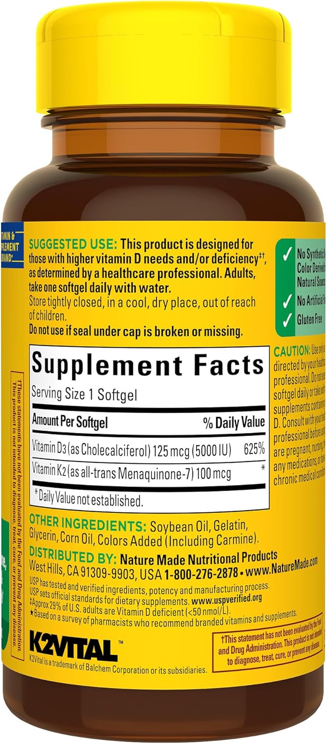 Nature Made Vitamin D3 K2, 5000 IU (125 mcg) Vitamin D, Dietary Supplement for Bone, Teeth, Muscle and Immune Health Support, 30 Softgels, 30 Day Supply - Nirvana Guru