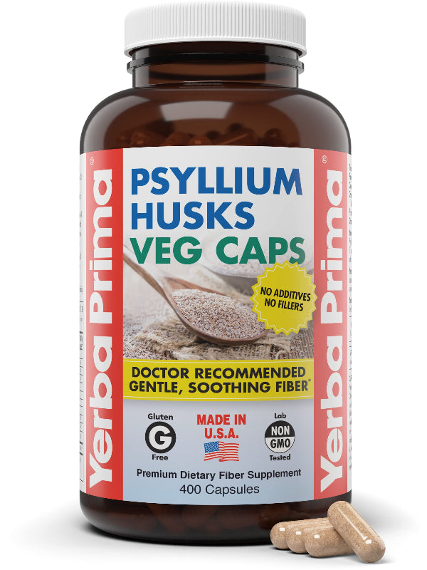 Yerba Prima Psyllium Husks Veg Caps, 400 Capsules (625mg) - Vegan, Non-GMO, Gluten Free, Colon Cleanser, Daily Fiber Supplement for Gut Health & Regularity - Nirvana Guru