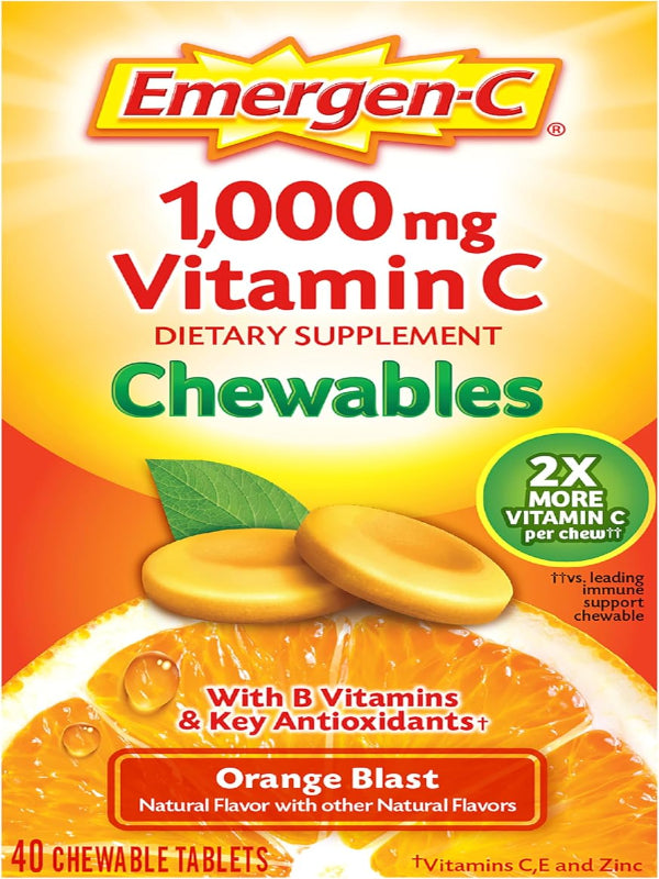 Emergen-C Chewable Vitamin C 1000mg, With B Vitamins And Antioxidants Tablet (40 Count, Orange Blast Flavor), Dietary Supplement Nirvana Guru