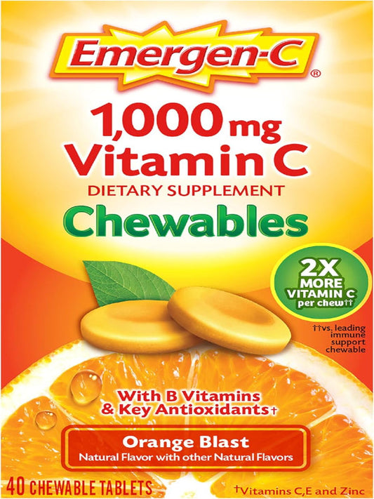 Emergen-C Chewable Vitamin C 1000mg, With B Vitamins And Antioxidants Tablet (40 Count, Orange Blast Flavor), Dietary Supplement Nirvana Guru