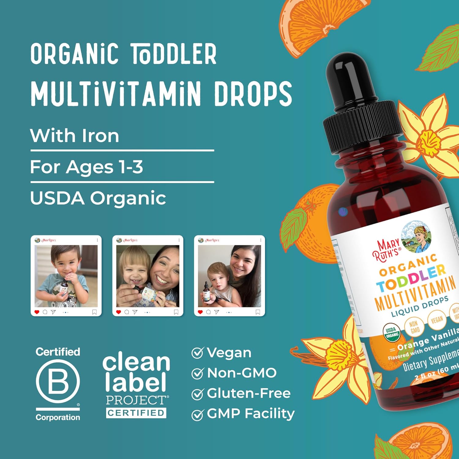 MaryRuth Organics Multivitamin & Multimineral with Iron for Toddlers | USDA Organic | Sugar Free | Multivitamin Liquid Drops for Kids Ages 1-3 | Immune Support | Vegan | Non-GMO | 2 Fl Oz - Nirvana Guru