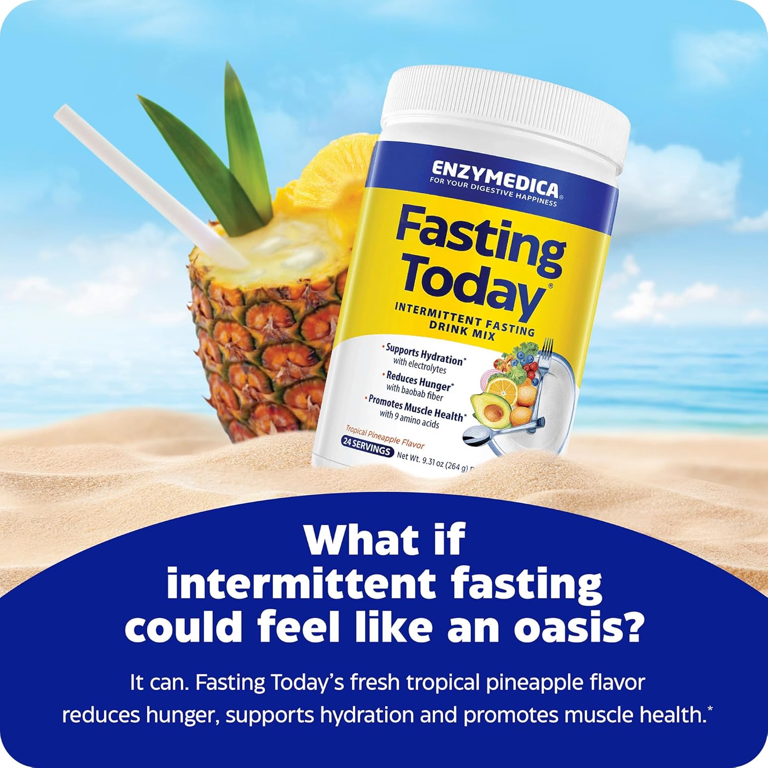 Enzymedica, Fasting Today, Intermittent Fasting Drink Mix with Electrolyte Powder Supplement for Hydration, Appetite and Muscle Health, Keto Friendly, Tropical Pineapple Flavor, 24 Servings - Nirvana Guru