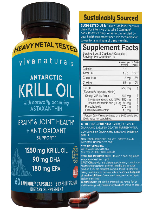Viva Naturals Antarctic Krill Oil Omega 3 Supplements 1250 mg - DHA EPA Omega-3 & Astaxanthin Concentration for Joint Health, No Fish Burp - 60 Omega 3 Krill Oil Capsules - Nirvana Guru