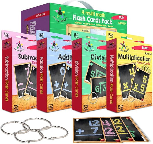 Star Right Math Flash Cards Set of 4 - Addition, Subtraction, Multiplication, Division with 4 Rings - 208 Cards for Kids Ages 6 and Above - Flash Card from 1st to 4th Grade nirvanaguru
