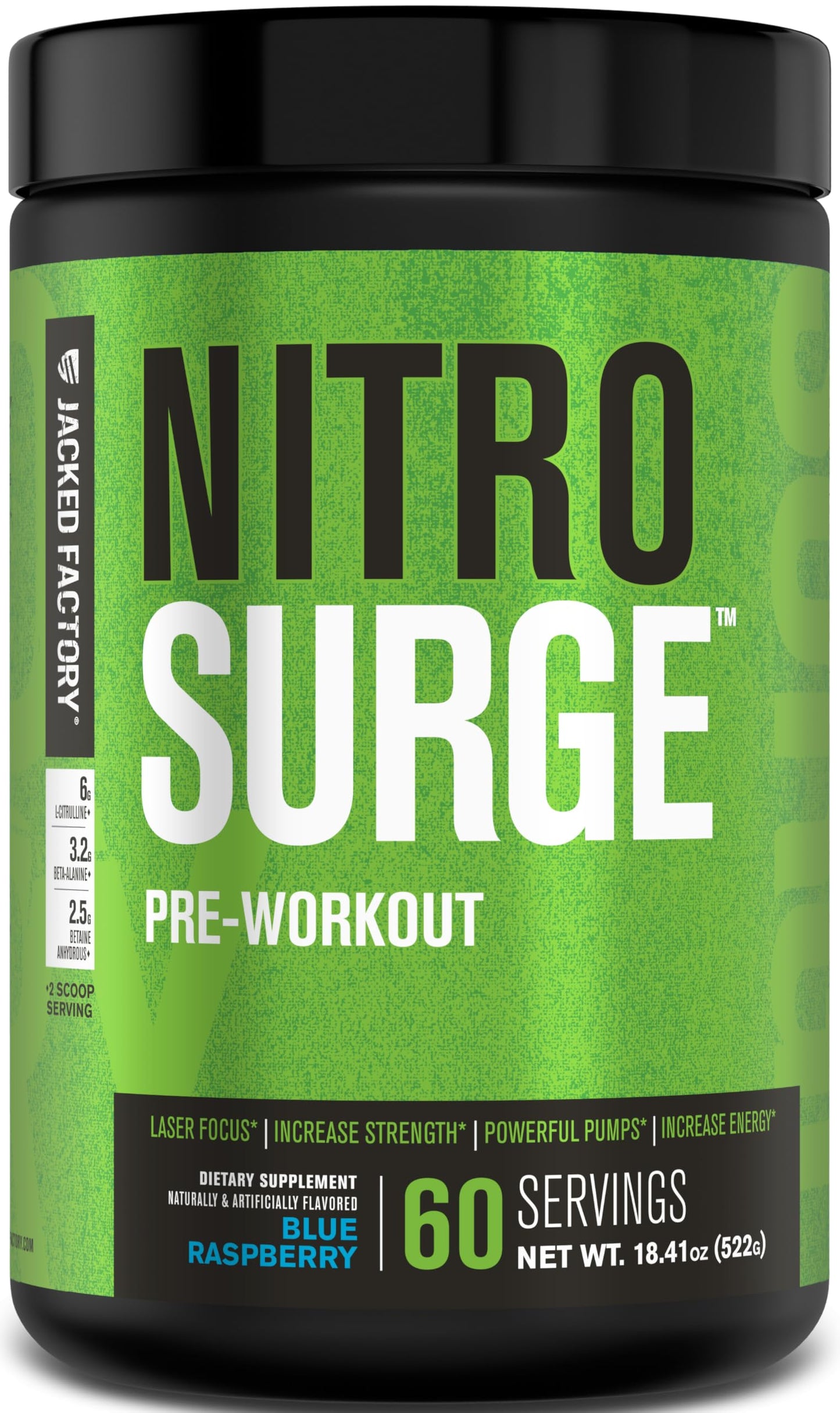 Jacked Factory NITROSURGE Pre Workout Supplement - Energy Booster, Instant Strength Gains, Clear Focus & Intense Pumps - NO Booster & Powerful Preworkout Energy Powder - 30 Servings, Blue Raspberry