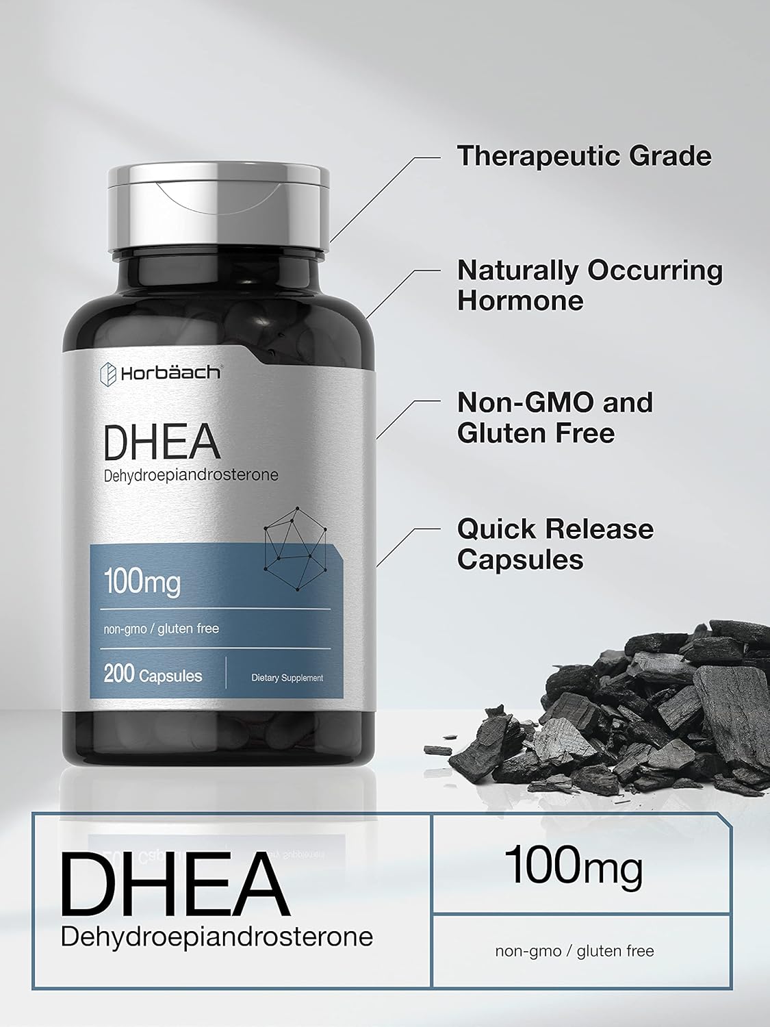 Horbäach DHEA 100mg | 200 Capsules | Supplement for Men and Women | Non-GMO, Gluten Free - Nirvana Guru