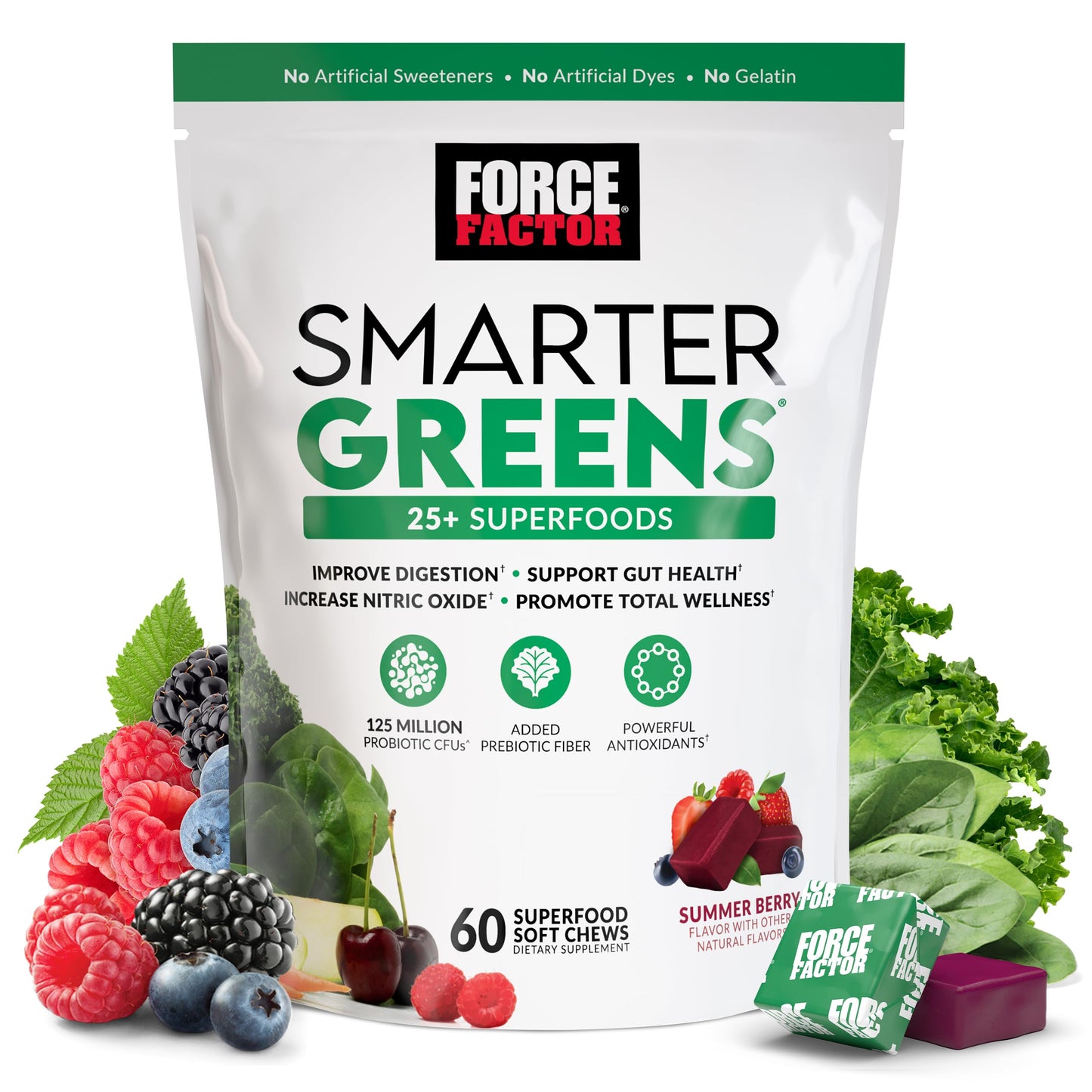 FORCE FACTOR Smarter Greens Superfood Chews, Greens and Superfoods with Probiotics, Antioxidants, and Fiber, Greens Supplement to Support Digestion, Nitric Oxide, and Energy, 60 Soft Chews