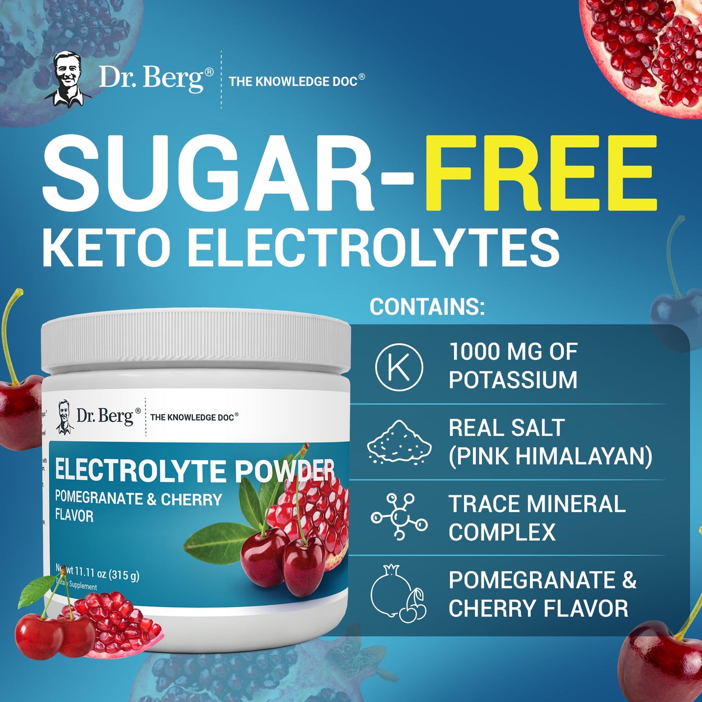 Dr. Berg Zero Sugar Hydration Keto Electrolyte Powder - Enhanced w/ 1000 mg of Potassium & Real Pink Himalayan Salt (NOT Table Salt) - Raspberry & Lemon Flavor Hydration Drink Supplement, 100 Servings Nirvana Guru