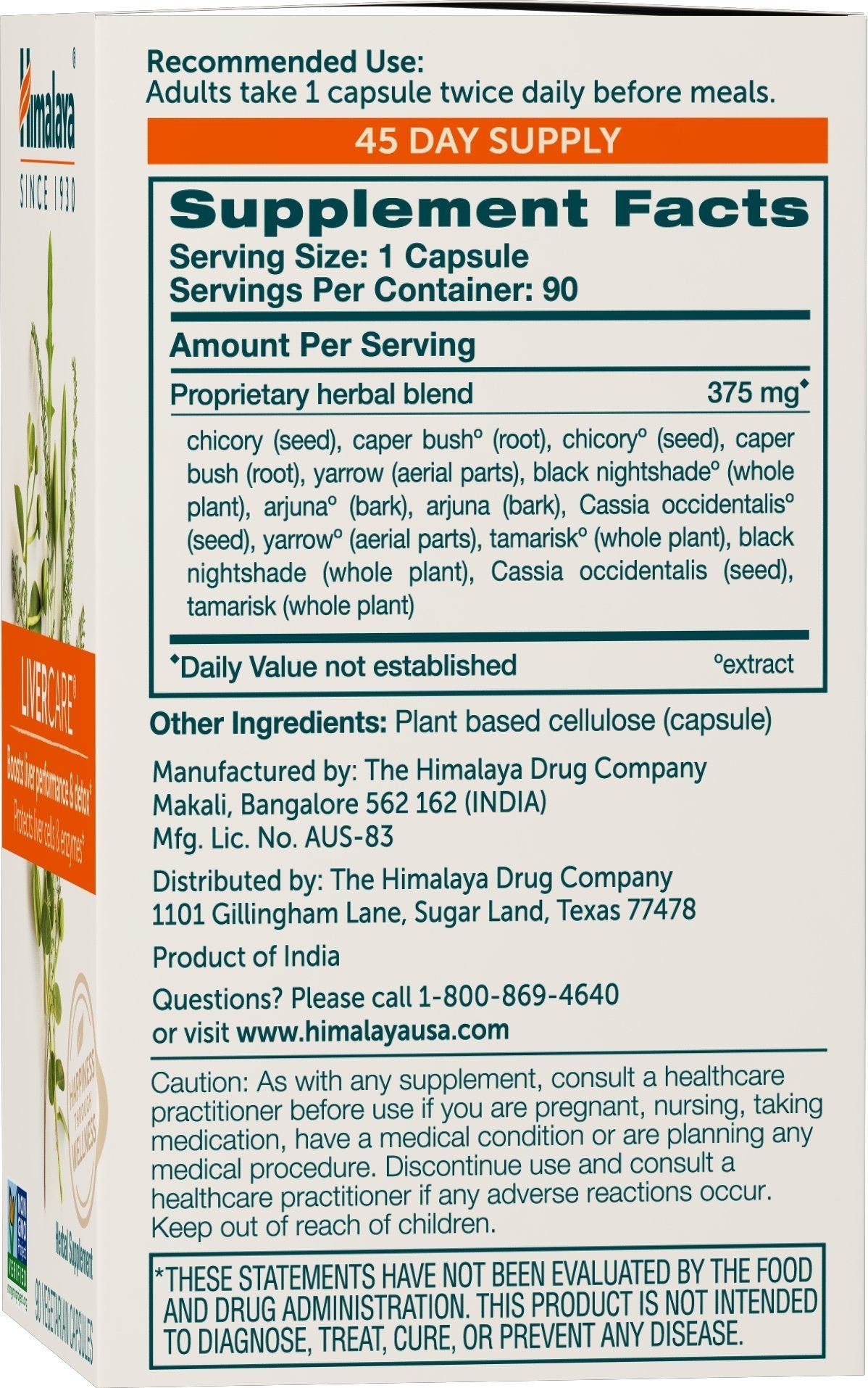 Himalaya LiverCare, 45 Day Supply - Herbal Liver Support Promoting Waste Elimination, Liver Cleanse, Detox, and Bile Production - Vegan, Non-GMO, Gluten Free, 375 mg, 90 Capsules Nirvana Guru