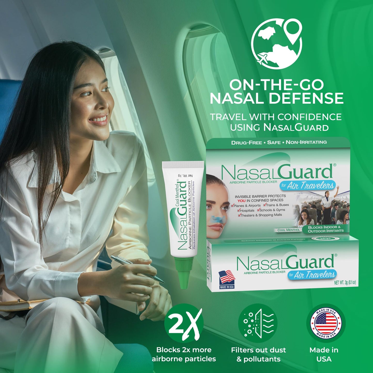 Airborne Particle Blocker Nasal Gel for Air Travelers - Drug-Free, Non-irritating, Non-drowsy, Airplane Travel Approved (Unscented) - Over 150 Applications Per Tube (0.1 oz, Pack of 1) Nirvana Guru