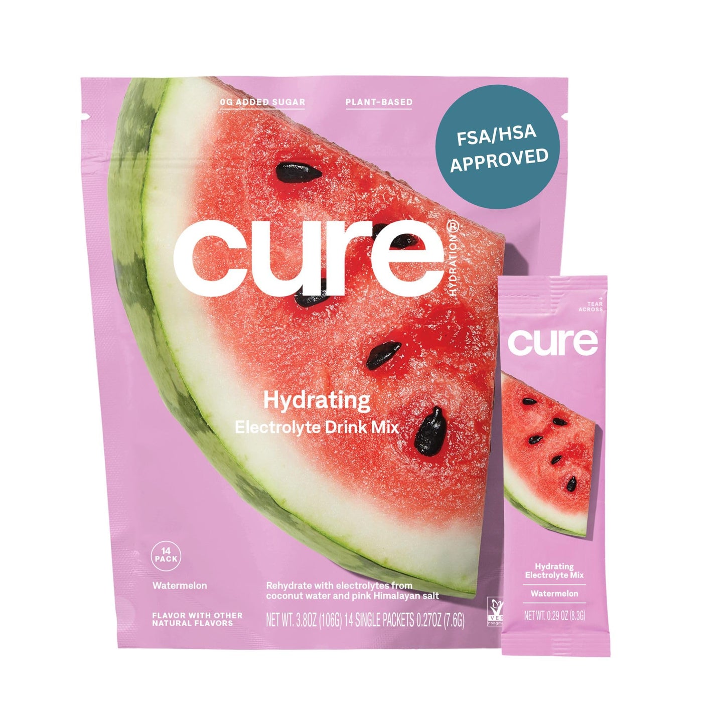 Cure Hydration | Plant-Based Electrolyte Drink Mix | No Added Sugar | FSA & HSA | Dehydration Relief Powder Made with Coconut Water | Non-GMO | Vegan | Pouch of 14 Packets - Berry Pomegranate