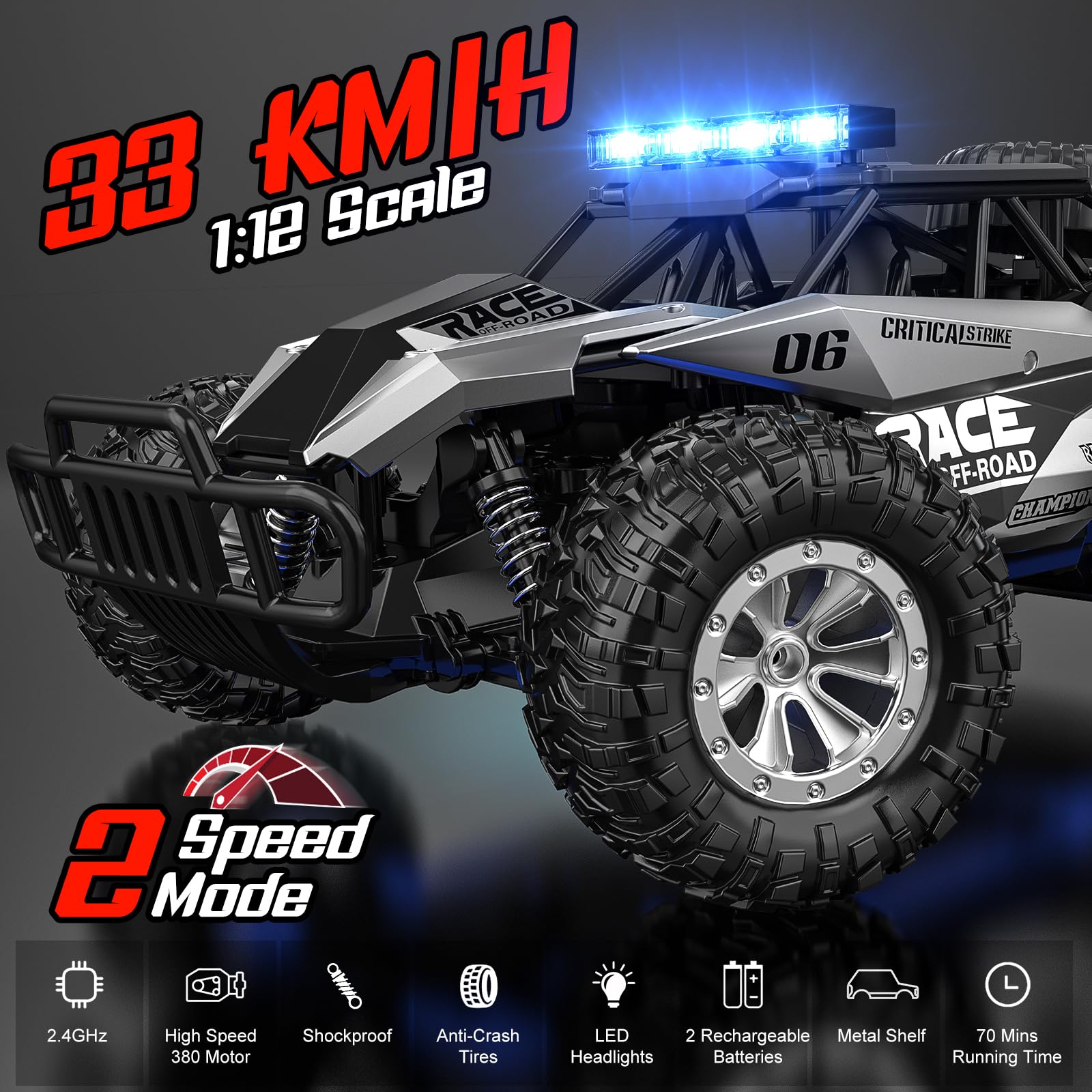 BLUEJAY Remote Control Car, 2.4GHz High Speed 33KM/H RC Cars Toys, 1:12 Monster RC Truck Off Road with LED Headlight and Rechargeable Battery Gifts for Adults Boys 8-12 Nirvana Guru