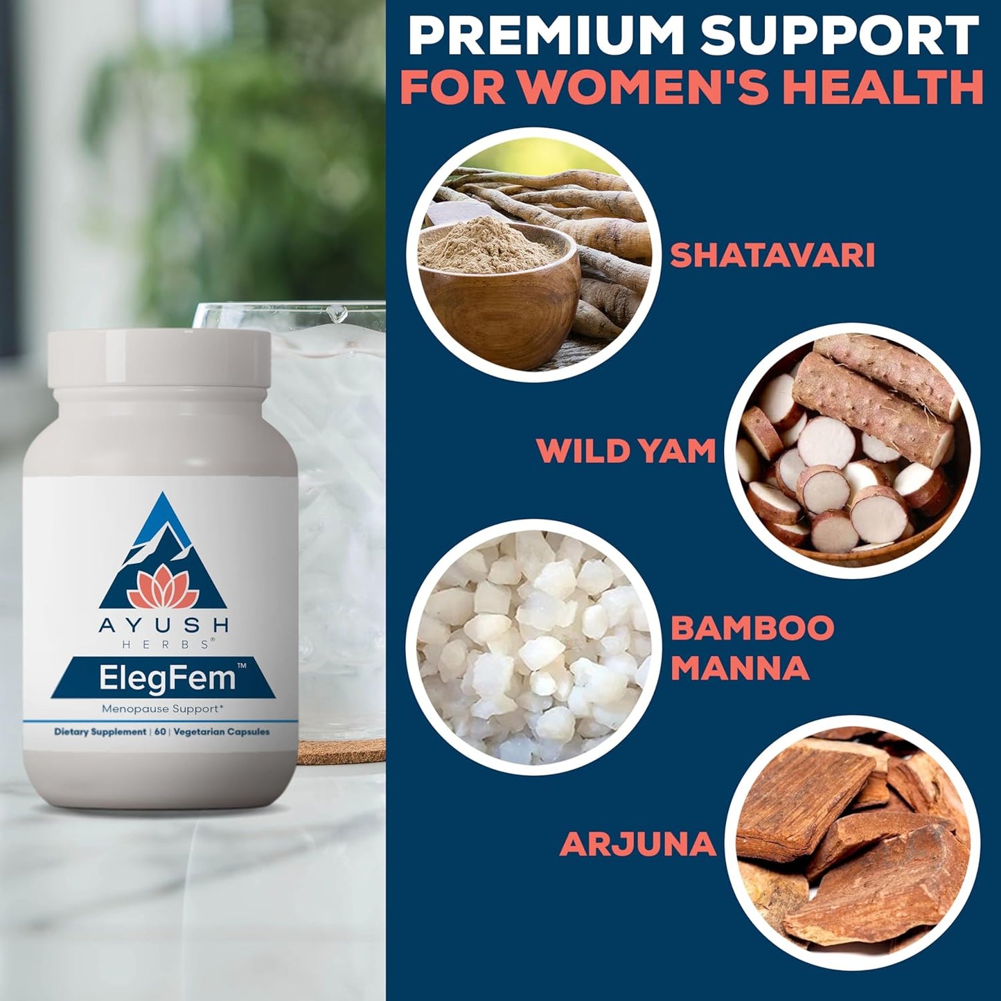 Ayush Herbs ElegFem - Menopause Supplements for Women, Hormone Balance for Women, Perimenopause Natural Hormone Support, Hot Flash Support with Cohosh - 60 Vegetarian Capsules (1 Count) Nirvana Guru