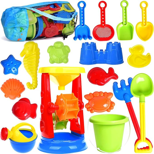 Beach Toys, 19 Piece Sand Toys Set Kids Sandbox Toys Includes Water Wheel Beach Tool Kit Bucket Watering Can Molds with Mesh Bag for Kids Ages 3-13 Nirvana Guru