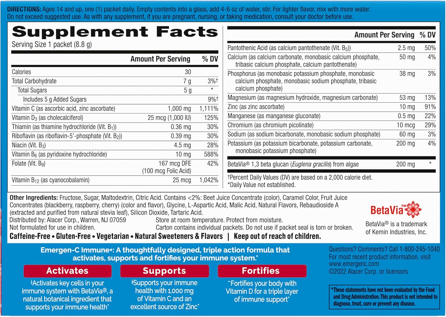 Emergen-C Immune+ Triple Action Immune Support Powder, BetaVia (R), 1000mg Vitamin C, B Vitamins, Vitamin D and Antioxidants, Raspberry – 30 Count Nirvana Guru