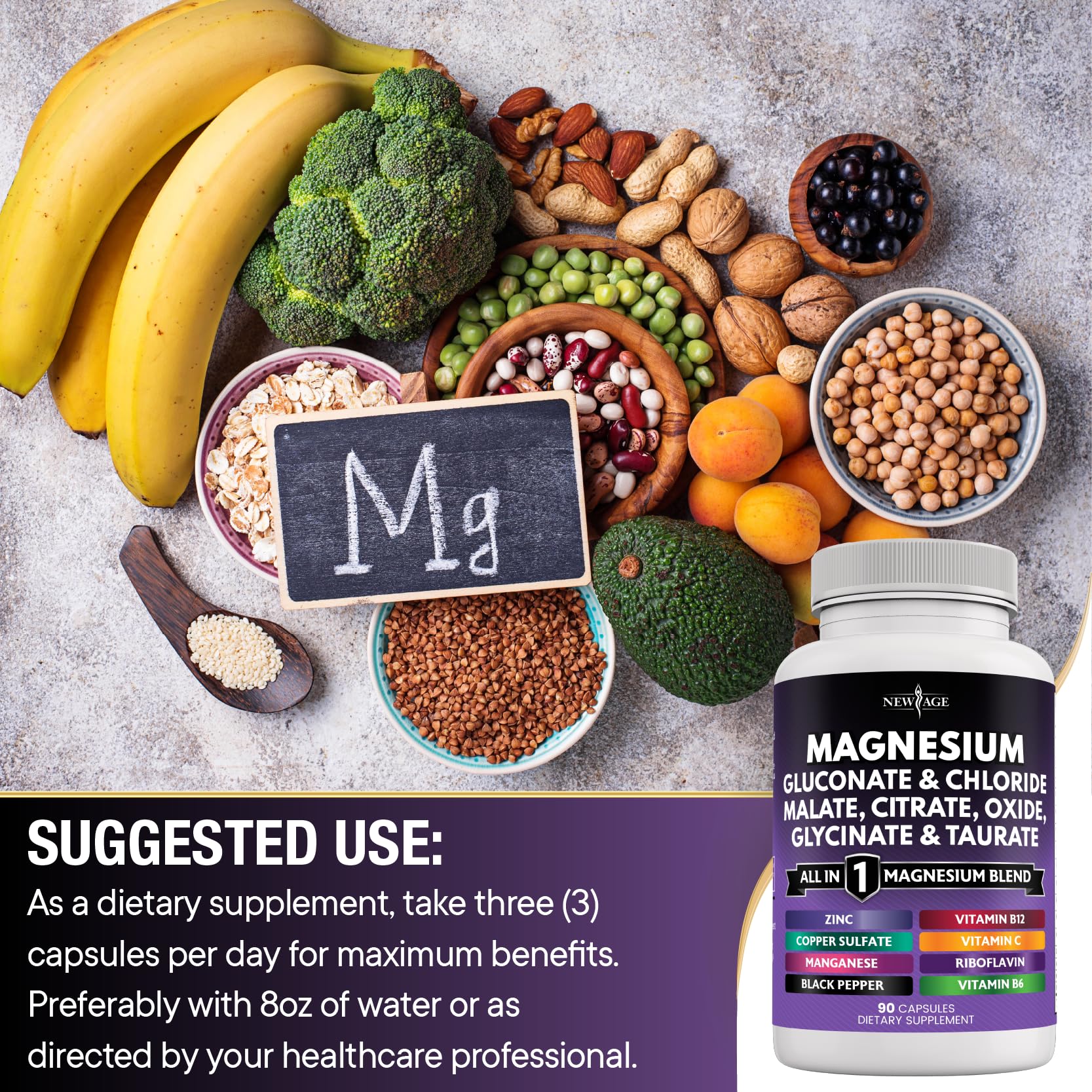 NEW AGE Magnesium Supplement -Powerful Glycinate Citrate Malate Oxide Taurate Aspartate Gluconate Orotate & Mag Chloride Manganese Bone Health and Bone Strength, Joint Support- 180 Count Nirvana Guru