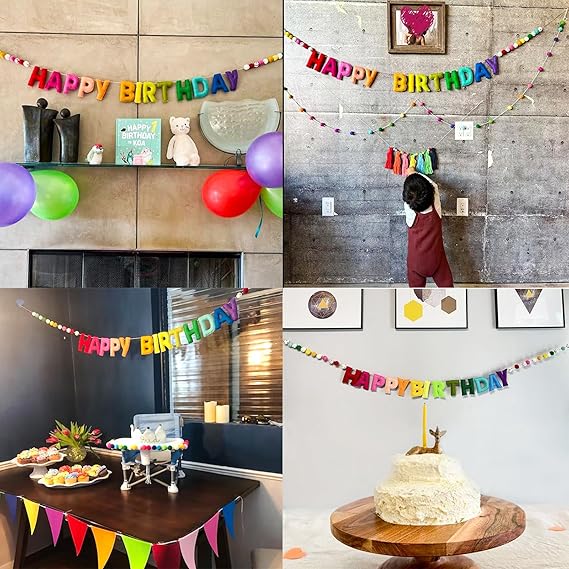 Pre-Strung Happy Birthday Banner - Felt Ball Garland - Reusable Happy Birthday Garland, Rainbow Party Decorations, Personalized Holiday Sign for Party Decor, Kids Room Decor, Photo Prop (Rainbow) nirvanaguru