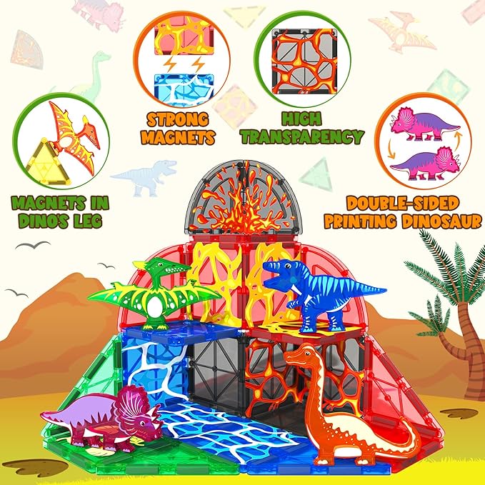 Dinosaur Toys Magnetic Tiles Lava Dinosaur World Set - Magnetic Blocks Building for Kids 3-5 5-7 Girls Boys Toy Age 4-6 6-8, Classroom Must Haves Toddler Sensory for 3+ Year Old Kids Toys Nirvana Guru