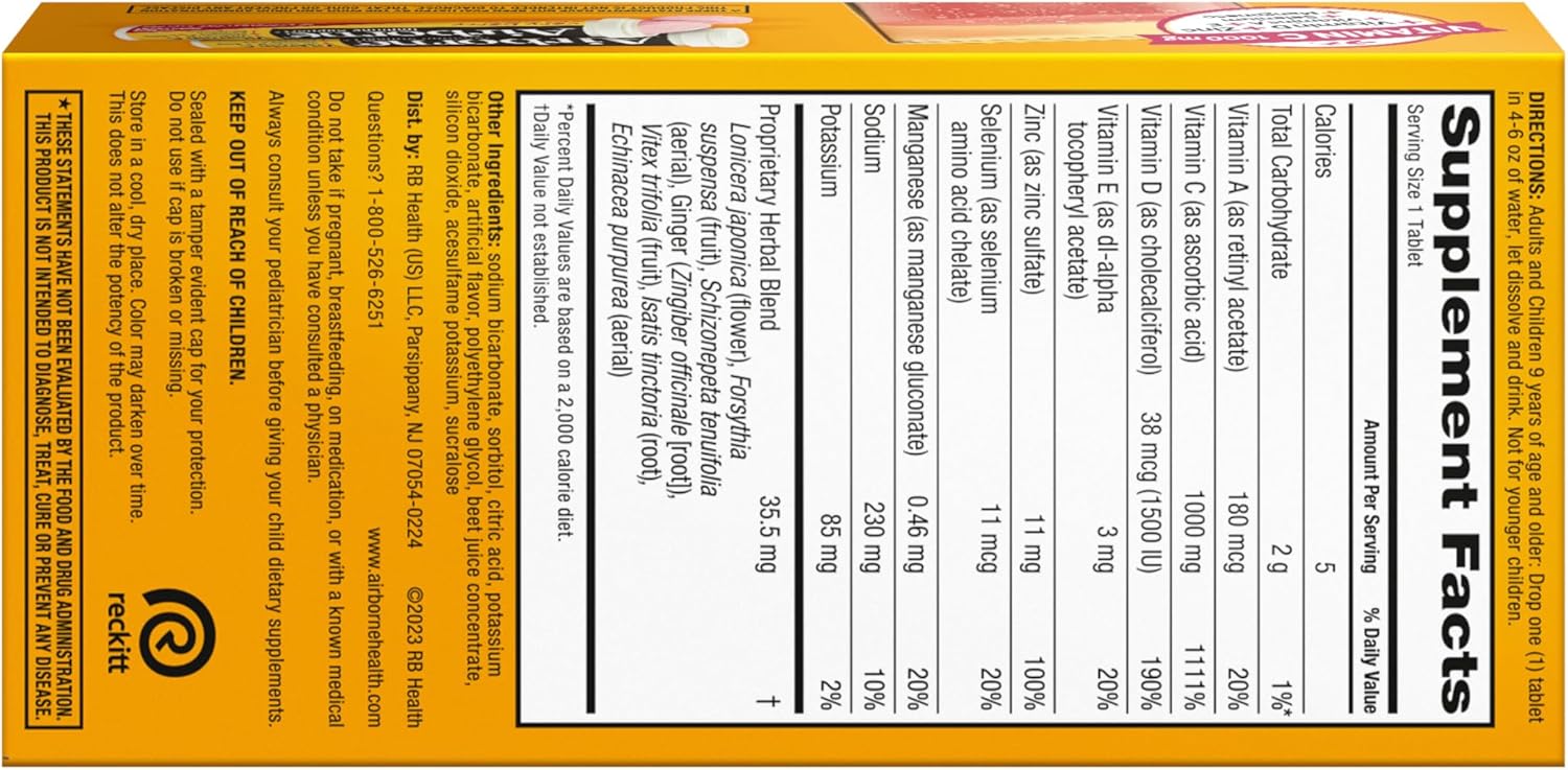 Airborne 1000mg Vitamin C + Zinc Sugar Free Multivitamin Immune Support Effervescent Fizzy Drink Tablets, Zesty Orange Flavor with Powerful Antioxidants Vitamins A C & E, 30 Tablets (3 Pack) Nirvana Guru