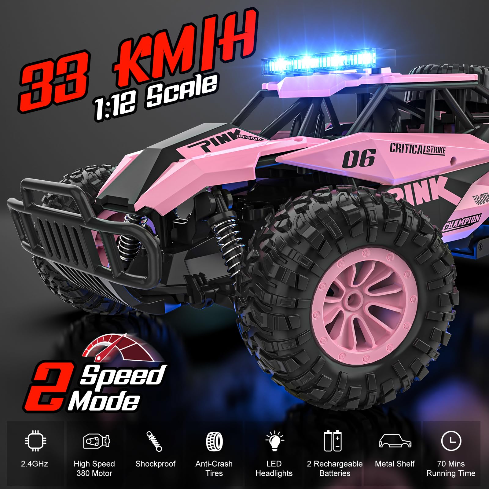 BLUEJAY Remote Control Car, 2.4GHz High Speed 33KM/H RC Cars Toys, 1:12 Monster RC Truck Off Road with LED Headlight and Rechargeable Battery Gifts for Adults Boys 8-12 Nirvana Guru
