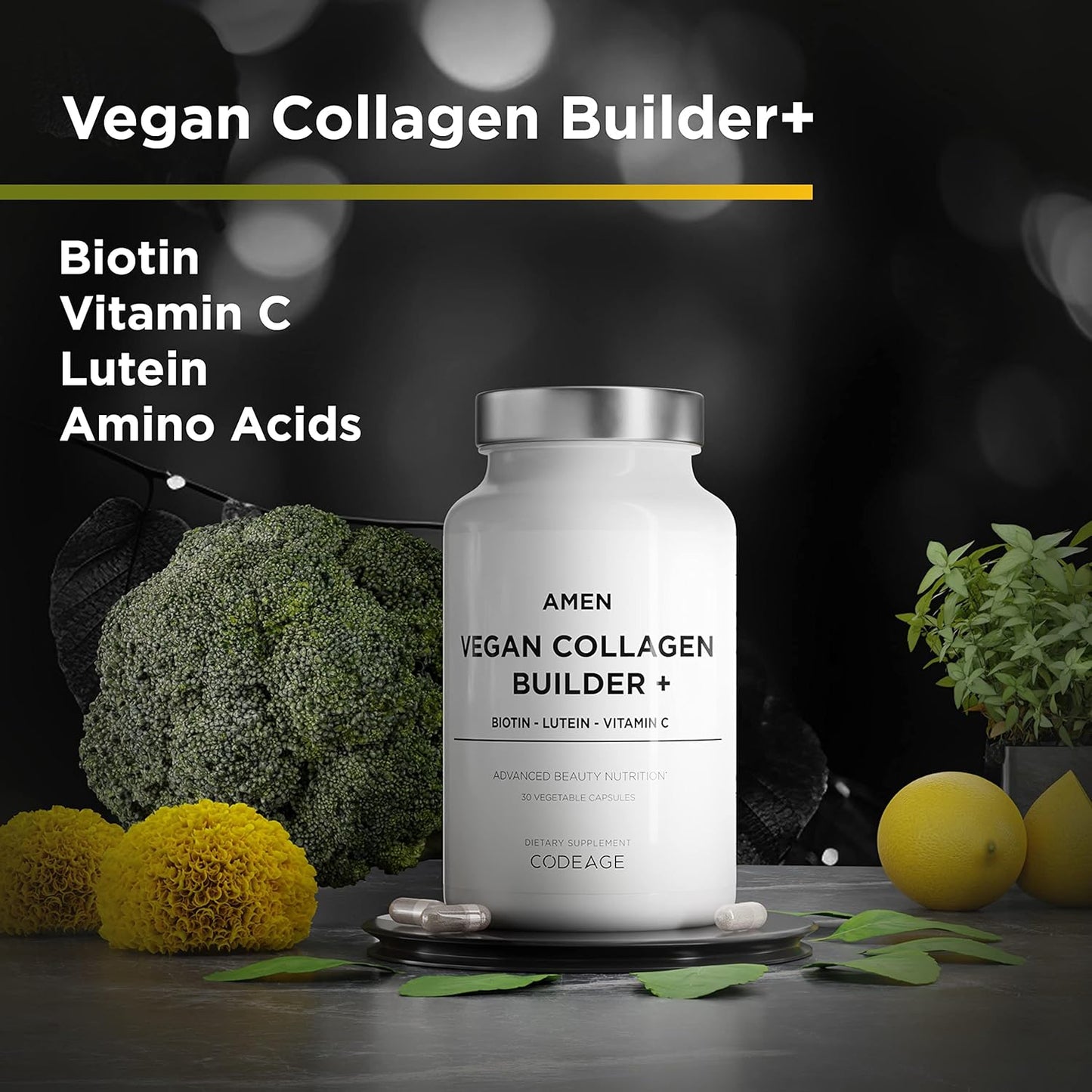 Amen Plant-Based Vegan Collagen Builder Supplement - Organic Whole Foods, Lutein, Vitamin C, Biotin, Lysine, Proline Collagen Boosters - Organic Cranberry, Lemon, Strawberry - Once A Day - 30 Capsules Nirvana Guru