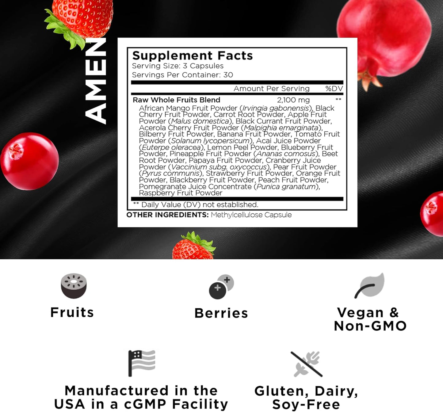 Amen Fruits, Daily Fruits Vitamins Supplements, Over 20 Whole Fruit Extracts - Raw Multivitamin, Berries, Antioxidant Polyphenols Superfood & Flavonoids - Non-GMO - 90 Capsules Nirvana Guru