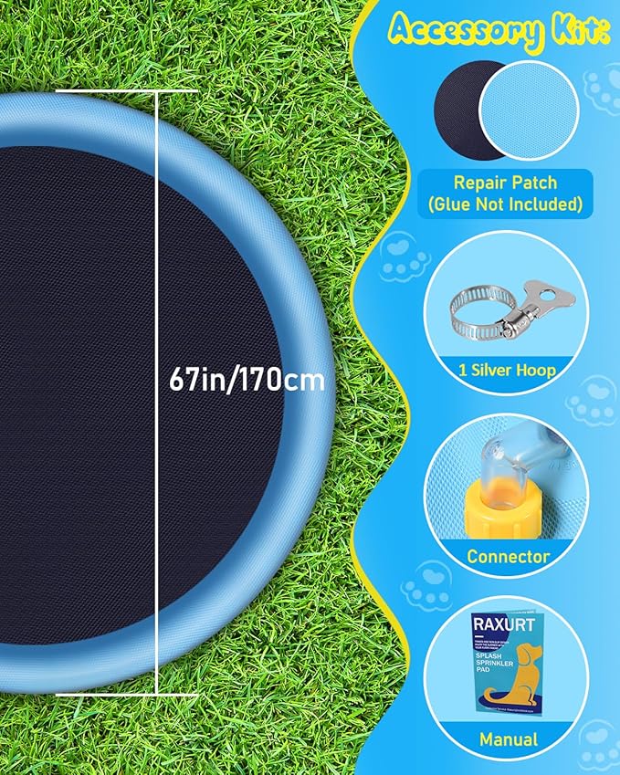 Raxurt Splash Pad, 67in Anti-Slip Splash Pad for Kids Dogs 0.58mm Thickened Dog Pool Splash Sprinkler Pad Durable Summer Outdoor Water Toys for Baby Toddler Boys Girls Pet nirvanaguru