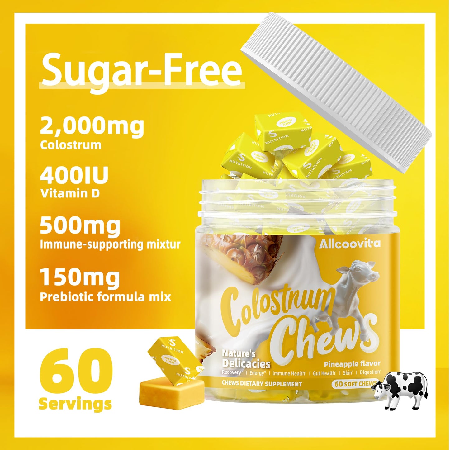 Bovine Colostrum Chews Supplement with probiotics for Gut Health, Bloating, Immune Support, Skin, Hair Growth and Beauty - Strawberry Flavor (60 Servings) Nirvana Guru