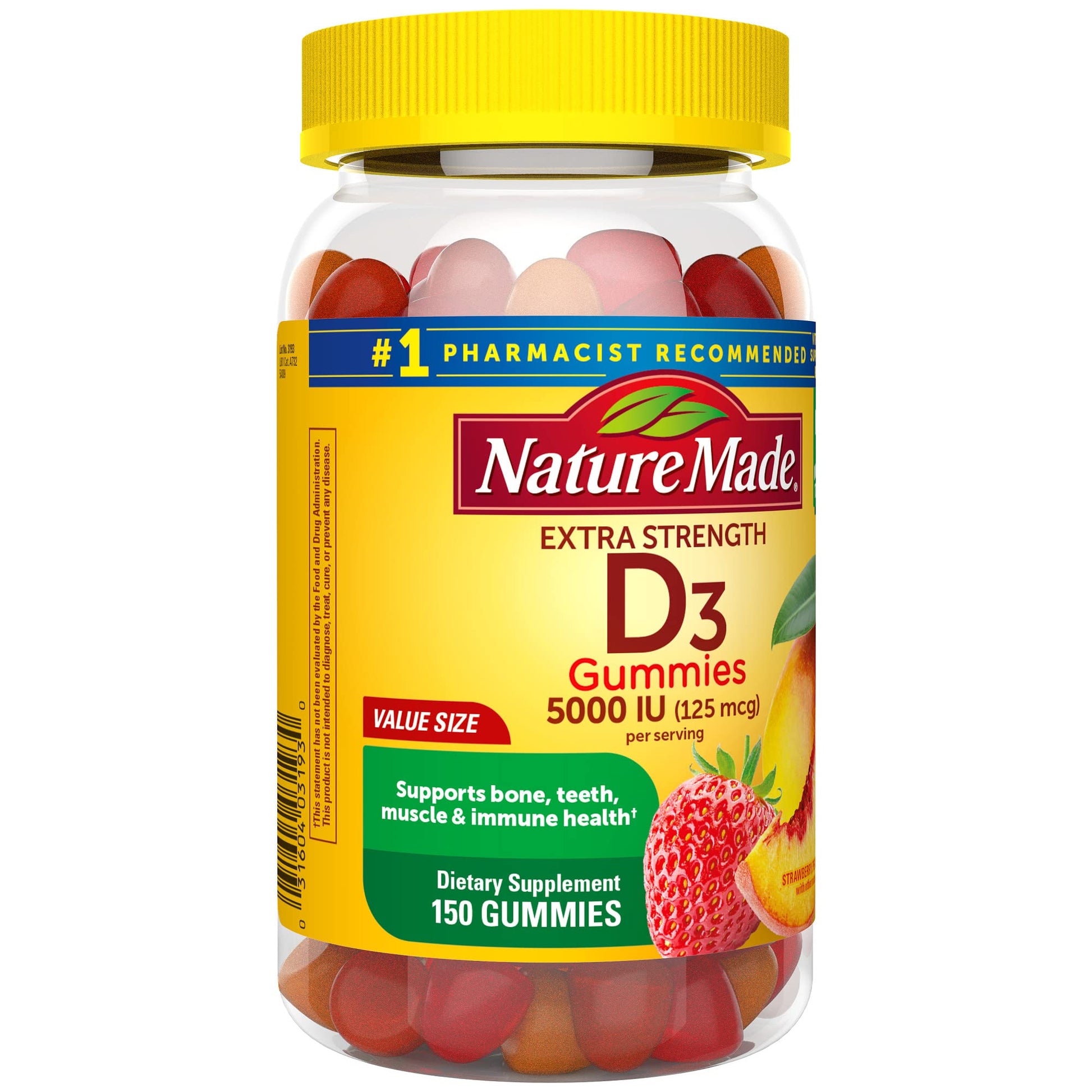 Nature Made Extra Strength Vitamin D3 5000 IU (125 mcg) per serving, Dietary Supplement for Bone, Teeth, Muscle and Immune Health Support, 150 Gummies, 75 Day Supply - Nirvana Guru