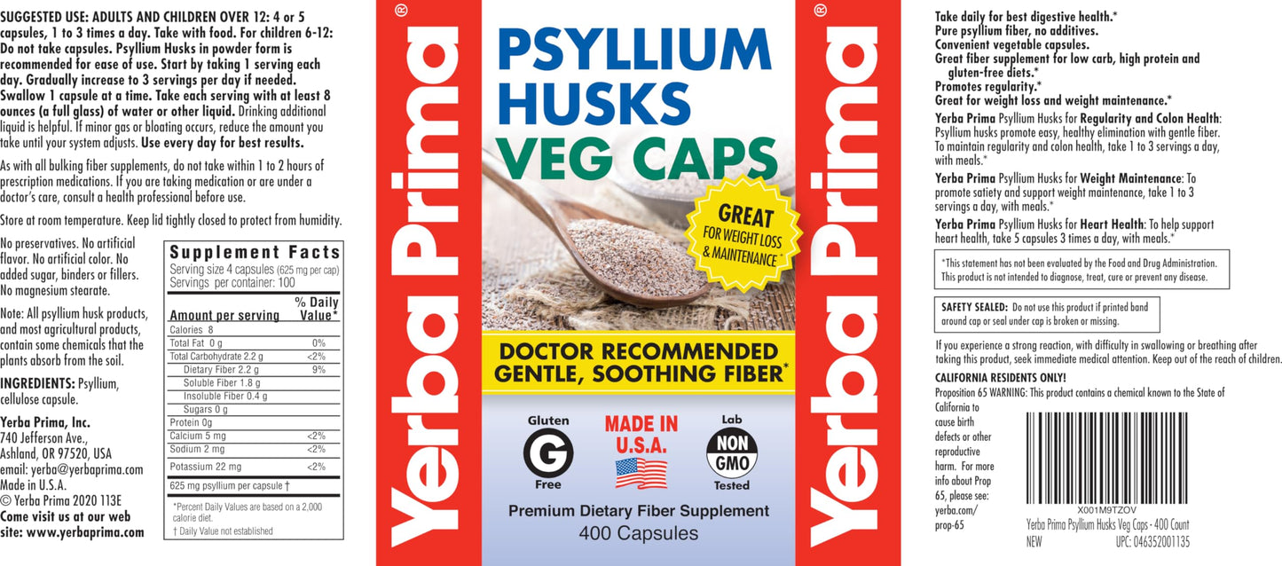 Yerba Prima Psyllium Husks Veg Caps, 400 Capsules (625mg) - Vegan, Non-GMO, Gluten Free, Colon Cleanser, Daily Fiber Supplement for Gut Health & Regularity - Nirvana Guru