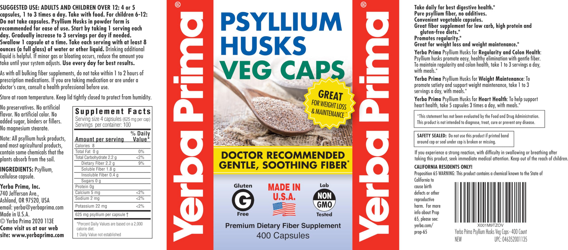 Yerba Prima Psyllium Husks Veg Caps, 400 Capsules (625mg) - Vegan, Non-GMO, Gluten Free, Colon Cleanser, Daily Fiber Supplement for Gut Health & Regularity - Nirvana Guru