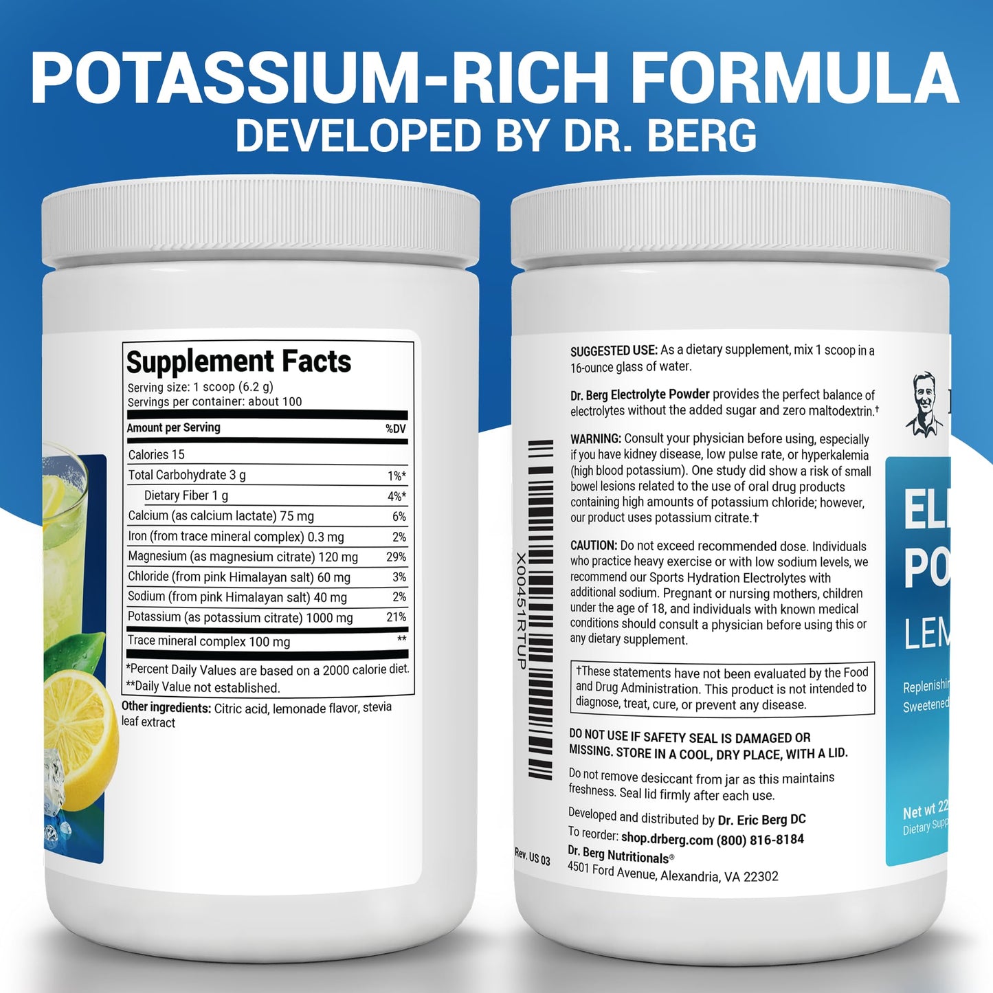 Dr. Berg Zero Sugar Hydration Keto Electrolyte Powder - Enhanced w/ 1000 mg of Potassium & Real Pink Himalayan Salt (NOT Table Salt) - Raspberry & Lemon Flavor Hydration Drink Supplement, 100 Servings