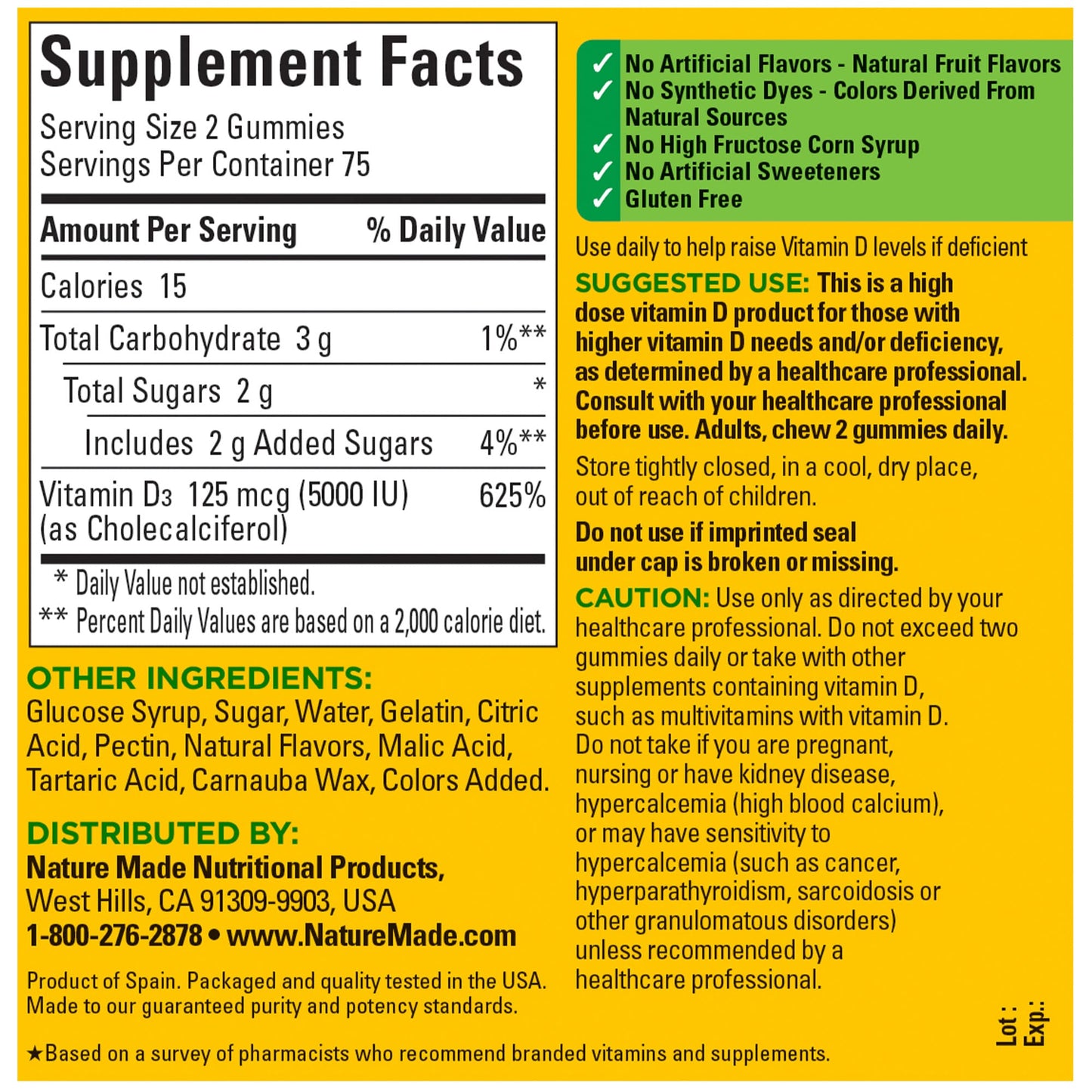 Nature Made Extra Strength Vitamin D3 5000 IU (125 mcg) per serving, Dietary Supplement for Bone, Teeth, Muscle and Immune Health Support, 150 Gummies, 75 Day Supply - Nirvana Guru