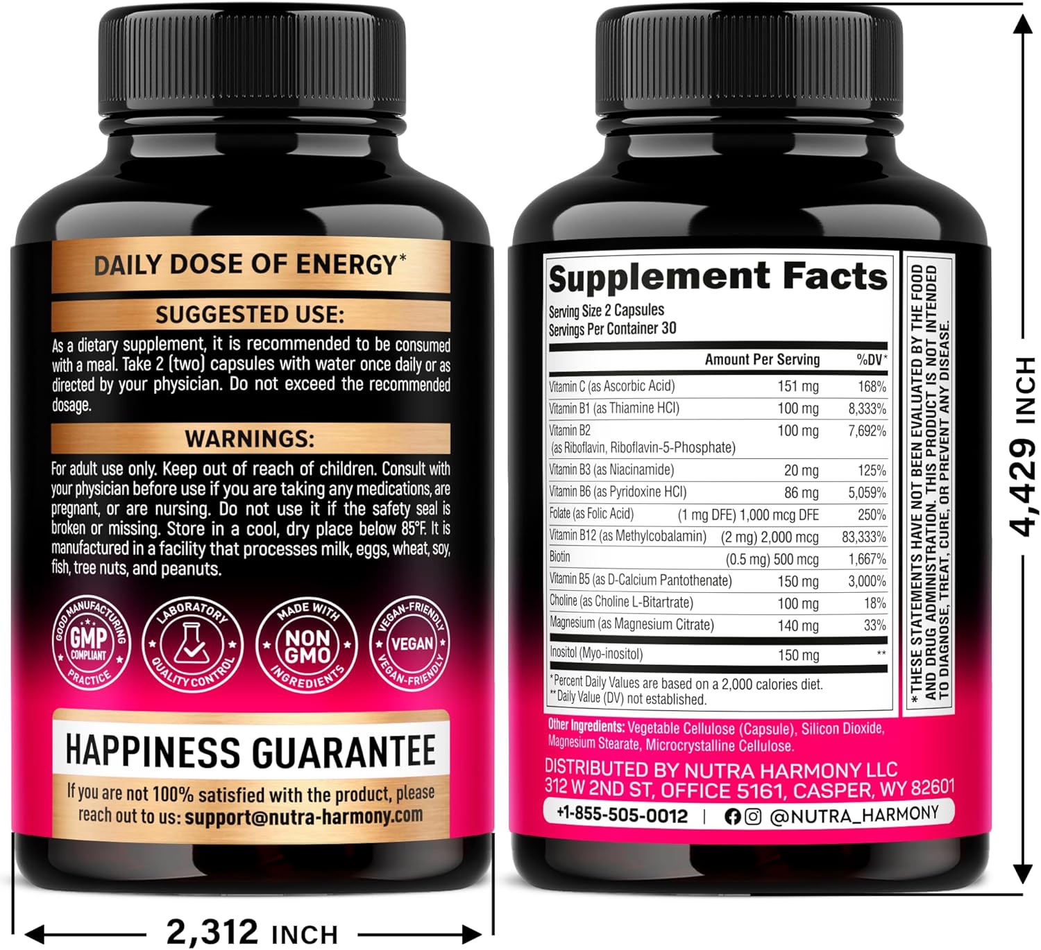 Vitamin B Complex for Men & Women - Made in USA - B-Complex: B1, B2, B3, B5, B6, B7, B8, B9, B12 with Vitamin C, Choline, Inositol - Energy, Brain & Heart Support Supplement, 60 Vegan Capsules Nirvana Guru