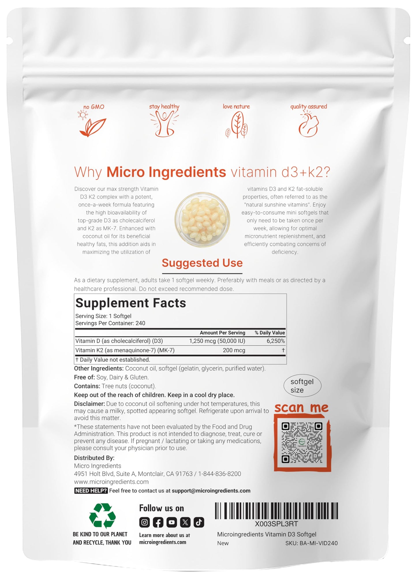Micro Ingredients Vitamin D3 10,000 IU + K2 MK-7 200 mcg, 300 Softgels | Virgin Coconut Oil | 2-in-1 Bone, Immune & Heart Support | Easy to Swallow, Non-GMO