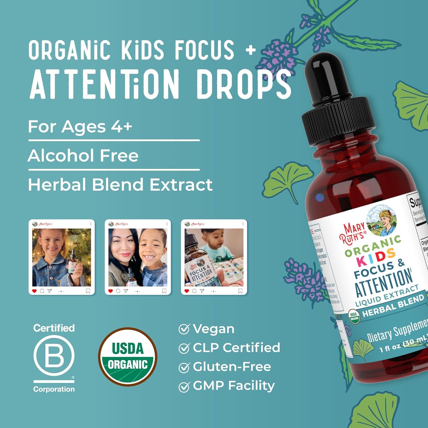 MaryRuth Organics Kids Brain Supplements for Memory and Focus, USDA Organic Drops with Ginkgo Biloba, Rhodiola Root & Licorice Root, Focus & Attention, Calm, Vegan, Non-GMO, Gluten Free, 30 Servings - Nirvana Guru
