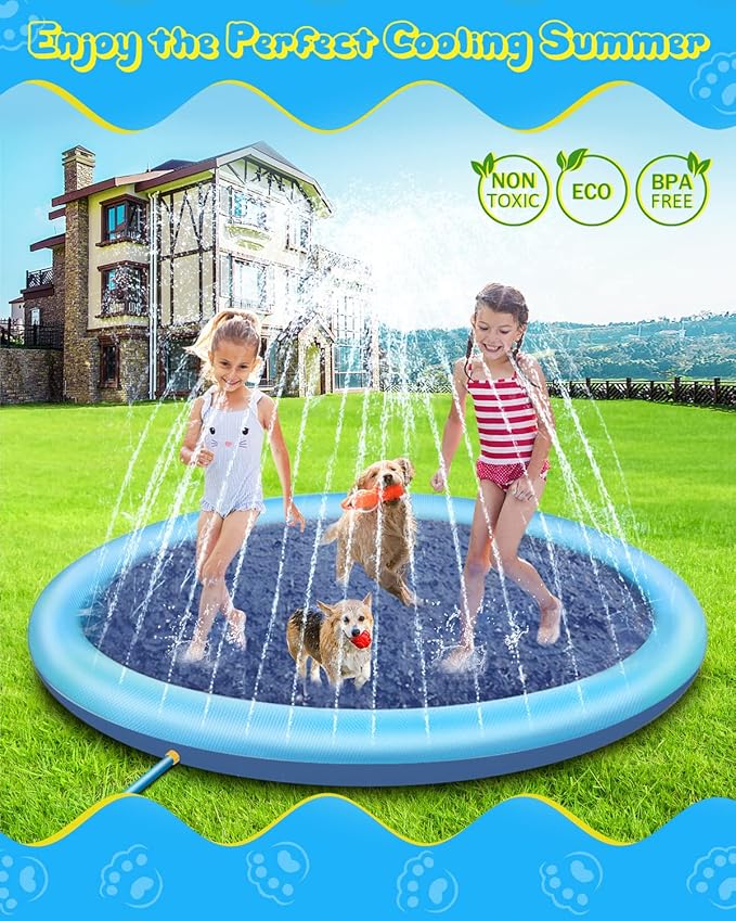 Raxurt Splash Pad, 67in Anti-Slip Splash Pad for Kids Dogs 0.58mm Thickened Dog Pool Splash Sprinkler Pad Durable Summer Outdoor Water Toys for Baby Toddler Boys Girls Pet nirvanaguru