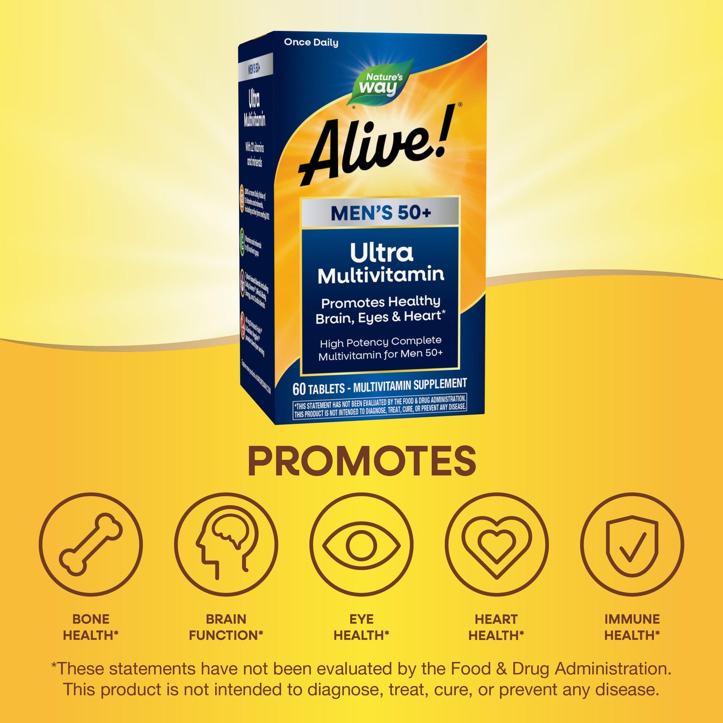 Nature's Way Alive! Men’s 50+ Daily Ultra Multivitamin, High Potency Formula, Supports Healthy Brain, Eyes & Heart*, with Methylated B12, Gluten-Free, 150 Tablets - Nirvana Guru