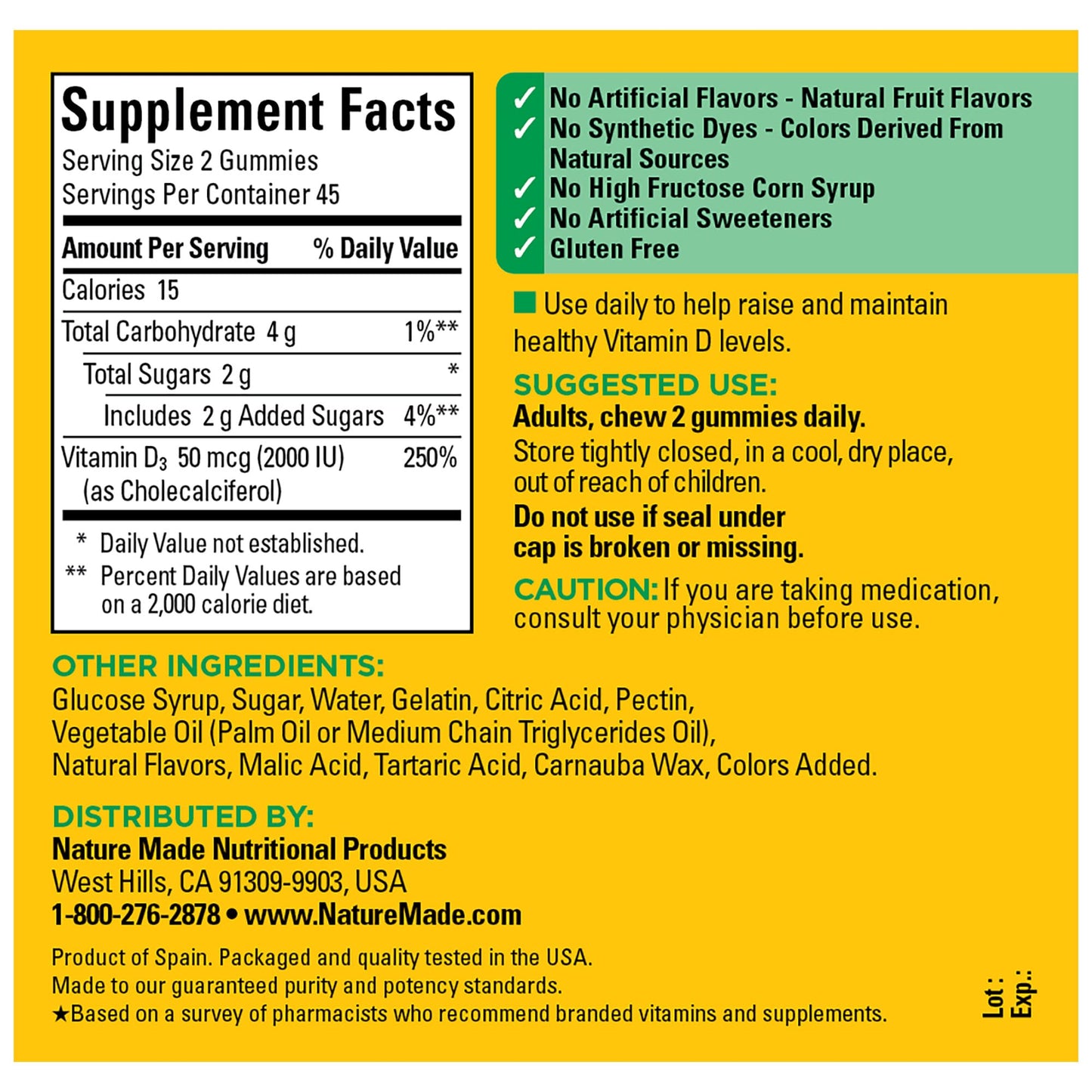 Nature Made Vitamin D3 2000 IU (50 mcg) per serving, Dietary Supplement for Bone, Teeth, Muscle and Immune Health Support, 90 Gummies, 45 Day Supply - Nirvana Guru