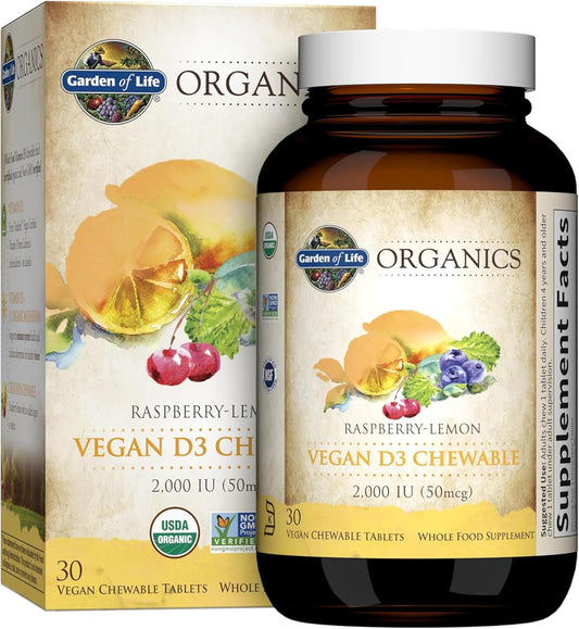Garden of Life Organics Vegan Vitamin D3 Chewable - Raspberry Lemon, 2,000 IU (50mcg) Whole Food Vitamin D3 from Lichen Plus Food & Mushroom Blend, Gluten Free, 30 Chewable Tablets - Nirvana Guru