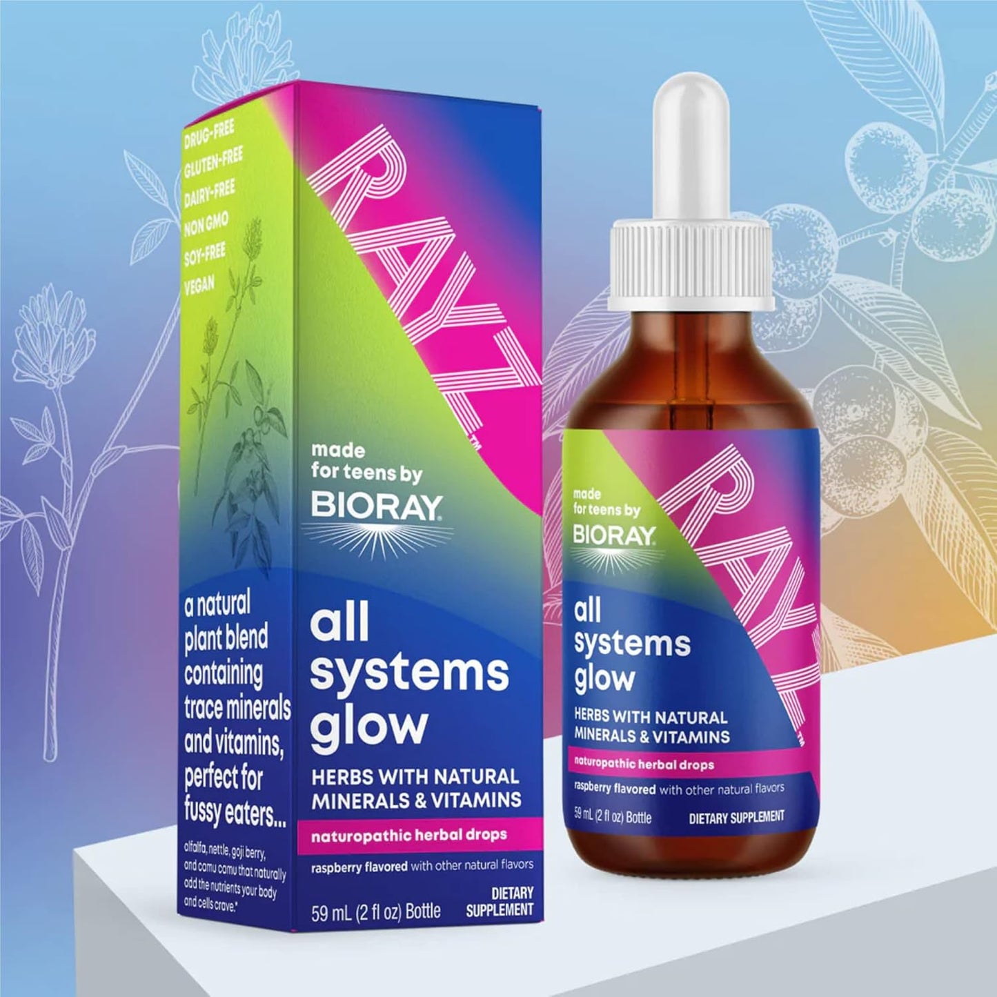 BIORAY RAYZ All Systems Glow, Raspberry Flavor - 2 fl oz - Convenient Source of Vitamins & Minerals for Teens 12-18 Years Old Nirvana Guru