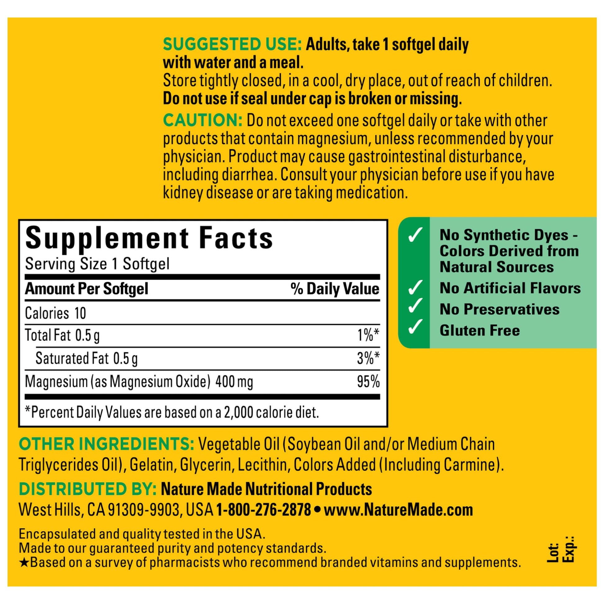 Nature Made Extra Strength Magnesium Oxide 400 mg, Magnesium Supplement for Muscle, Nerve, Bone and Heart Support, 110 Softgels, 110 Day Supply - Nirvana Guru
