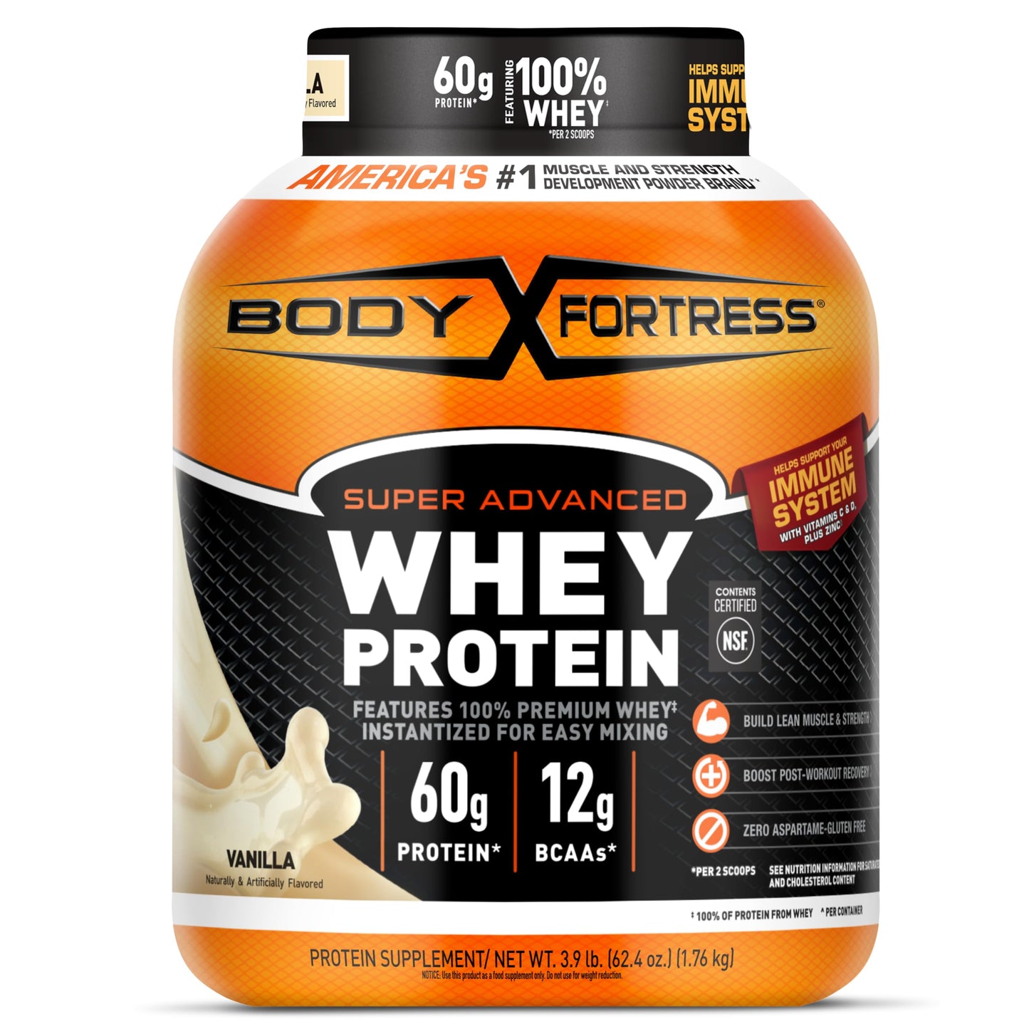 Body Fortress Super Advanced Whey Protein Powder, Vanilla, Immune Support (1), Vitamins C & D Plus Zinc, 1.74 lbs
