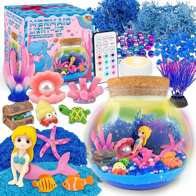Mermaid Terrarium Craft Kit for Kids - LED Night Light Up & Remote Mermaid Birthday Gifts Toys for Girls Age 5 6 7 8 9 10 11 12 Year Old nirvanaguru