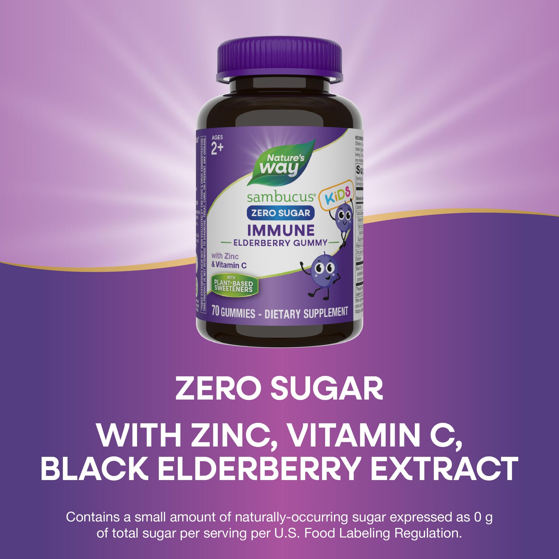 Nature's Way Sambucus Zero Sugar Immune Gummies, Daily Immune Support*, Black Elderberry Extract, Vitamin C, Vitamin D3, Zinc, Sugar Free, Sugar Alcohol Free, Plant-Based Sweeteners, 70 Gummies - Nirvana Guru